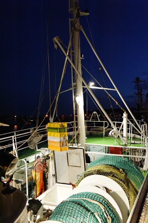 Bild: Der Fischkutter STERNHAI bei der Einfahrt in den Stadthafen von Sassnitz und beim anschließenden Entladen. NIKON D700 mit CARL ZEISS Distagon T* 1,4/35 ZF.2.