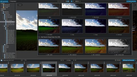 Bild: Neu in DxO Optics Pro 9 ist auch die deutlich verbesserte Funktion "Preset anwenden", die jetzt eine größere Vorschau von vorgefertigten Entwicklungseinstellungen von Fotos zum direkten Vergleich übersichtlich darstellt. Klicken Sie auf das Bild um es zu vergrößern.