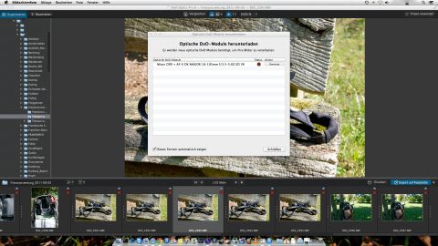 Bild: Wenn ein RAW Foto entwickelt wird, das mit einer neuen Kamera oder einem neuen Objektiv aufgenommen wurde, fragt DxO Optics Pro 9 - so wie seine Vorgängerversionen auch - nach, ob das entsprechende Kamera-Objektiv-Modul installiert werden soll. Dazu ist eine Internetverbindung erforderlich. Klicken Sie auf das Bild um es zu vergrößern.