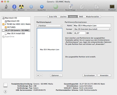 Bild: Vorbereitung des USB Stick oder der Speicherkarte für Mac OS X 10.8 Mountain Lion.