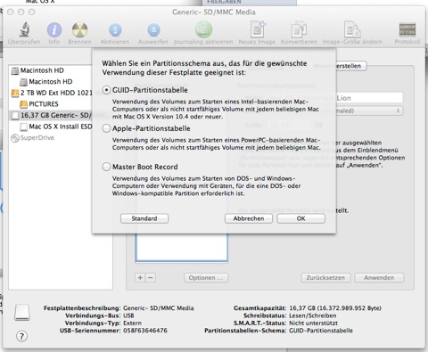 Bild: Vorbereitung des USB Stick oder der Speicherkarte für Mac OS X 10.8 Mountain Lion.