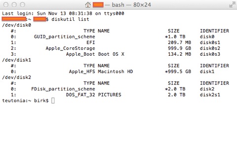 Bild: Feststellen der Partitionierung der Festplatte ab Mac OS X 10.7 mit dem Befehl „diskutil list“.