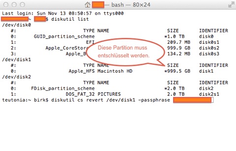 Bild: Entschlüsseln der Festplatte ab Mac OS X 10.7 mit dem Befehl „diskutil cs revert“.