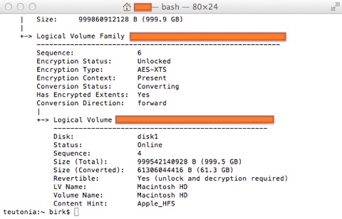 Bild: Feststellen des Verschlüsselungsfortschrittes der Festplatte des Mac durch den Befehl „diskutil cs list“ im Terminal.