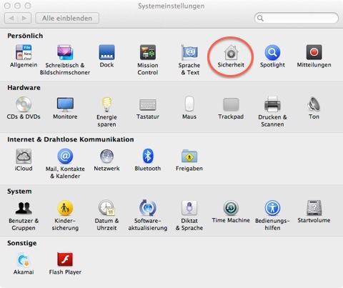 Bild: Aktivieren der Festplattenverschlüsselung unter Mac OS X 10.7 FileVault über die Sytemsteuerung – Sicherheit.