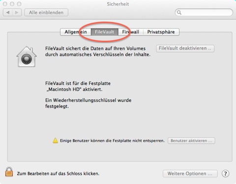 Bild: Aktivieren der Festplattenverschlüsselung unter Mac OS X 10.7 FileVault über die Sytemsteuerung – Sicherheit – FileVault.
