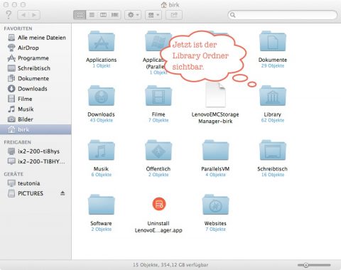 Bild: Ab jetzt ist der Library Ordner unter Mac OS X sichtbar.