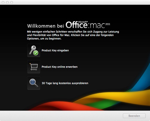 Bild: Da Microsoft Office:mac 2011 ein kommerzielles Programm ist, müssen Sie den Produktschlüssel eingeben.