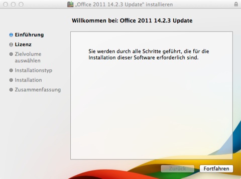 Bild: Und weiter geht es mit der Installation der Updates für Microsoft Office:mac 2011. Klicken Sie auf “Fortfahren”.