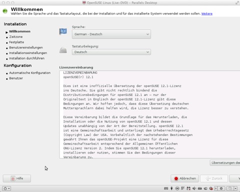 Bild: Sie finden dann die deutsche Übersetzung des Lizenzvertrages für openSUSE 12.1, den Sie mit “Weiter” bestätigen müssen.