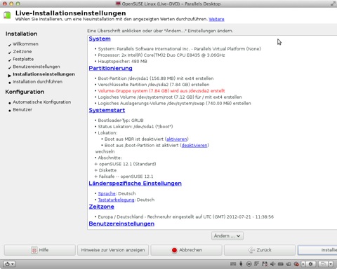 Bild: openSUSE 12.1 ist damit zur Installation bereit. Der Bildschirm zeigt eine Zusammenfassung der Systemeinstellungen und der zu installierenden Software. Die Installation starten Sie durch drücken von “Installieren”.