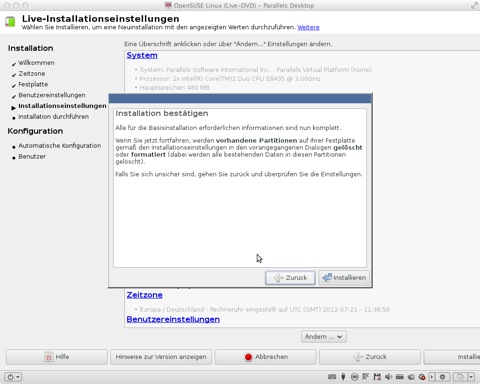 Bild: Zur Sicherheit gibt es noch einmal ein Abfrage, ob Sie openSUSE 12.1 wirklich installieren möchten. Bestätigen Sie das mit “Installieren”.
