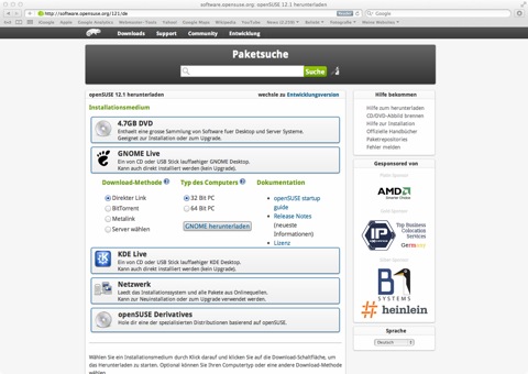 Bild: Die openSUSE Website mit dem GNOME Live Image.