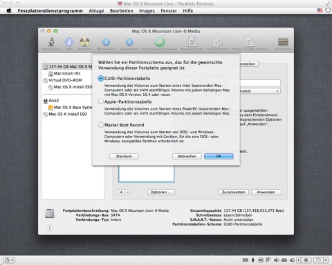 Bild: Wählen Sie im Festplattendienstprogramm die gerade angelegte virtuelle Festplatte und setzen unter „Optionen“ einen Haken bei „GUID-Partition“. Das ist wichtig, damit Mac OS X Mountain Lion starten kann.