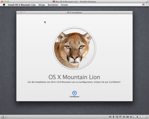 Bild: Mit einem beherzten Klick auf „Fortfahren“ startet die Installation von Mac OS X 10.8 Mountain Lion.