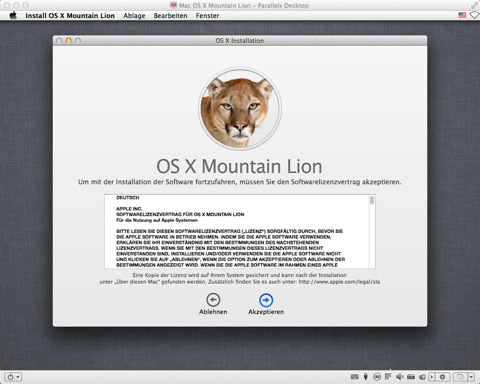 Bild: Dem Softwarelizenzvertrag müssen Sie zustimmen. Ohne Zustimmung keine Installation von Mac OS X 10.8 Mountain Lion.