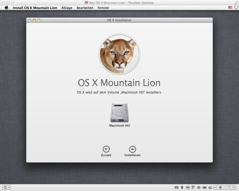 Bild: Mountain Lion soll auf die neu angelegte Partition „Macintosh HD“ installiert werden. Klicken Sie auf „Installieren“.