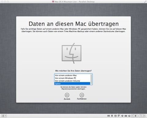 Bild: Ich habe mich entschieden, keine Daten auf den virtuellen Mac zu übertragen.