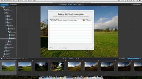 Bild: DxO Optics Pro 9 Elite erkennt die neue Kombination von NIKON D700 und Objektiv Sigma 12-24 mm F4,5-5,6 II DG HSM problemlos und lädt das entsprechende optische Modul nach.