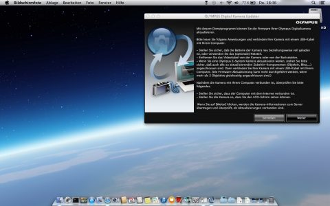 Bild: Starten des OLYMPUS DIGITAL CAMERA UPDATER unter Mac OS X.