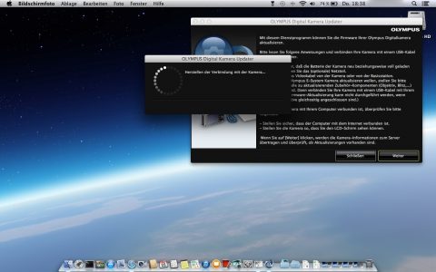 Bild: Nun wird die Kamera vom OYMPUS DIGITAL CAMERA UPDATER erkannt.