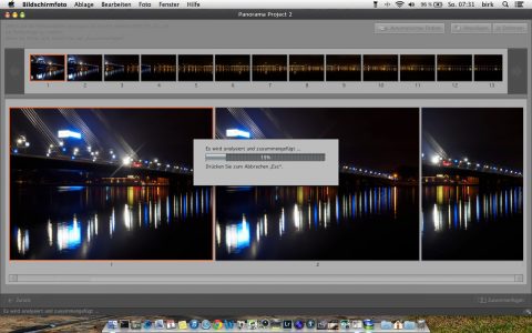 Bild: Panorama Project rechnet nun aus den Einzelfotos ein Panoramafoto. Je nach Anzahl der Einzelfotos und der Rechenleistung ihres Computers kann das einige Minuten dauern. Klicken Sie auf das Bild um es zu vergrößern.