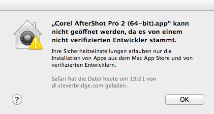 Bild: Der erste Start von Corel AfterShot Pro 2 bricht unter Mac OS X wahrscheinlich mit mit einer Fehlermeldung ab, da es von einem nicht verifizierten Entwickler stammt. Kein Grund zur Panik.