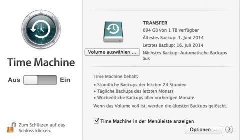 Bild: Das Anlegen der Time Machine Backups auf Festplatten von MacBooks kann man verhindern. Dazu einfach in den Einstellungen der Time Machine die automatischen Backups ausschalten. Manuelle Time Machine Backups sind dann immer noch möglich.