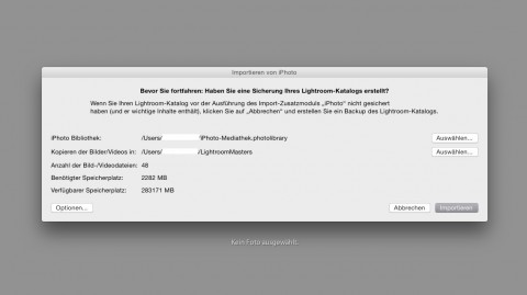 Bild: Es können nur komplette Aperture und iPhoto Bibliotheken in Adobe Photoshop Lightroom 5.7 importiert werden. Hier der Import über Zusatzmoduloptionen (eigentlich sind es Plugins).