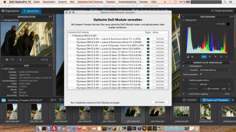 Bild: Der RAW Konverter DxO Optics Pro arbeitet mit optischen Modulen. Hier sehen Sie einen Auszug für die Olympus OM-D E-M1 mit von DxO unterstützten Objektiven.