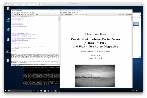 Bild: Vielleicht ein wenig exotisch - Ein LaTeX Text im Editor Emacs unter Windows 10. Daneben die übersetzte Datei als PDF im Adobe Acrobat Reader.