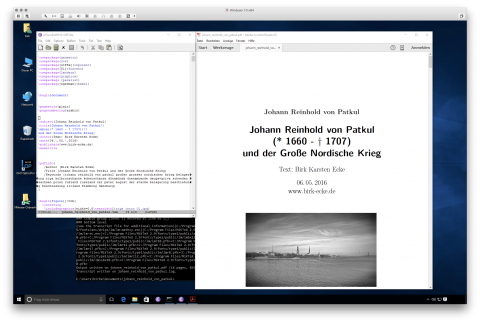 Bild: Ein LaTeX Text im Editor Emacs unter Windows 10. Gesetzt wurde der Text mit MiKTex. Daneben die übersetzte Datei als PDF im Adobe Acrobat Reader.