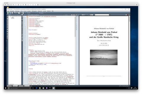 Bild: Ein LaTeX Text im Editor Texmaker unter Windows 10. Gesetzt wurde der Text mit MiKTex. Daneben die übersetzte Datei als PDF im Adobe Acrobat Reader.