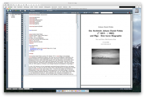 Bild: Ein LaTeX Text im Editor Texmaker unter OS X 10.11.5. Gesetzt wurde der Text mit Tex Live. Daneben die übersetzte Datei als PDF in der Vorschau App.