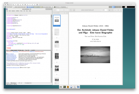 Bild: Ein LaTeX Text im Editor Emacs unter Debian 8 Testing. Gesetzt wurde der Text mit Tex Live. Daneben die übersetzte Datei als PDF im Viewer Evince.