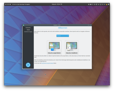 Bild: Nach dem Starten des Installationsmediums für Kubuntu 2018.04 LTS können Sie zwischen Ausprobieren und der Installation wählen. Denken Sie daran, die deutsche Sprache auszuwählen.