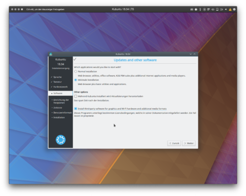 Bild: In der Eingabemaske können Sie auswählen, ob Sie eine komplette oder minimale Installation möchten. Wenn Sie sich nicht sicher sind, wählen Sie die Komplettinstallation. Ich werde die Minimalinstallation wählen und die für mich wichtigen Pakete nachinstallierten. Softwareupdates mache ich ebenfalls später.