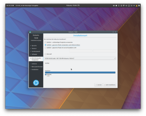 Bild: Die Installation von Kubuntu 18.04 LTS läuft im Hintergrund weiter.