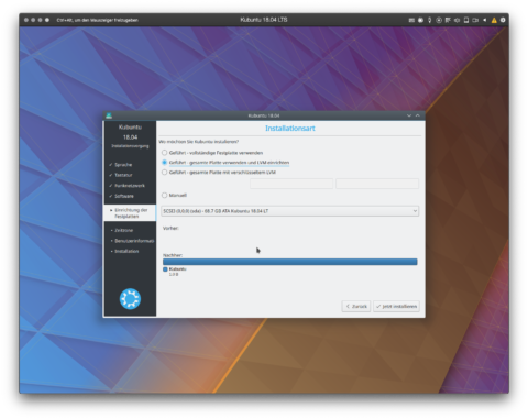 Bild: Wenn Sie Kubuntu 18.04 LTS auf einem Desktop oder Laptop installieren, sollten Sie überlegen, ob Sie die Festplatte verschlüsseln wollen. Ich installiere unter einer virtuellen Maschine, die auf einem Betriebssystem mit verschlüsselter SSD läuft. Eine weitere Verschlüsselung ist daher unnötig.