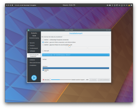 Bild: Die Festplatte wird nun für Kubuntu 18.04 LTS vorbereitet und die Installation beginnt.