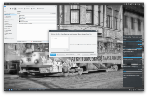Bild: Google Drive kann unter Kubuntu 18.04 in den Netzwerkordner des Dateimanagers Dolphin eingebunden werden. Auf dem Desktop einfach auf einen der Ordner gehen, Network und dann Google Drive öffnen. Links im Fenster "+ Erstellen anklicken".