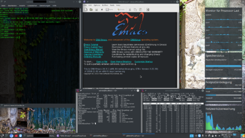 Bild: Emacs und die beiden xterm laufen auf einem entfernten Server. Die Ausgabe wird auf den lokalen Kubuntu 18.04 LTS Desktop umgeleitet.