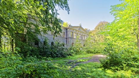 Bild: Die Ruinen des Schlosses Dwasieden am Klocker Ufer in der Nähe des Hafens von Sassnitz. Blick auf den Marstall. Der Marstall ist 1997 abgebrannt. Es stehen nur noch die äußeren Mauern. Klicken Sie auf das Bild um es zu vergrößern.