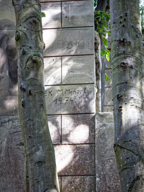 Bild: Die Ruinen des Schlosses Dwasieden am Klocker Ufer in der Nähe des Hafens von Sassnitz. Blick auf den nordöstlichen Pavillon des Schlosses. In den Sandstein sind Inschriften aus verschiedeneren Jahrzehnten eingraviert.. Klicken Sie auf das Bild um es zu vergrößern.