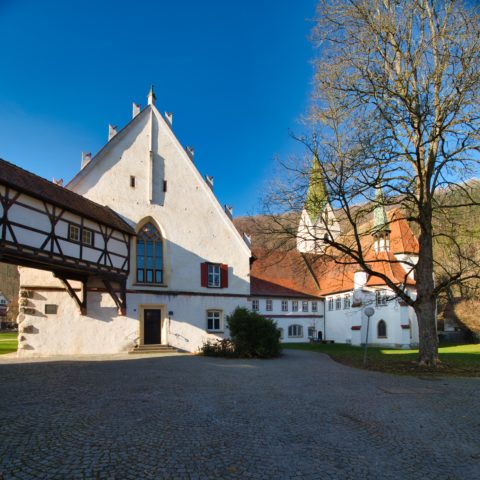 Bild: Das ehemalige Kloster Blaubeuren. Links die Klausur und rechts die Klosterkirche mit der markanten Turmspitze. Klicken Sie auf das Bild um es zu vergrößern.