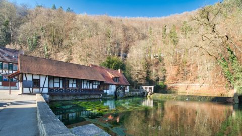 Bild: Am Blautopf in Blaubeuren. Blick auf die historische Hammerschmiede, die vom einem Teil des Abflusses des Blautopfes angetrieben wurde. Wasserkraft war neben Windkraft im Mittelalter ein wichtige Energiequelle. Wo diese nicht ausreichend zur Verfügung standen mussten Rinder, Pferde, Esel oder Menschen ran ... Klicken Sie auf das Bild um es zu vergrößern.