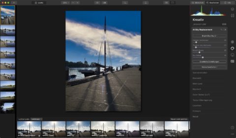 Bild: Skylum Luminar 4. In diesem RAW Konverter lässt sich der komplette Himmel austauschen. Luminar geht damit einen einzigartigen Weg. Kann man mögen oder nicht. Der saubere Austausch des kompletten Himmels funktioniert bei feinen Strukturen in der Szene auch nicht immer wirklich zuverlässig. Klicken Sie auf das Bild um es zu vergrößern.