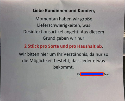 Bild: Wegen des Coronavirus wird Desinfektionsmittel in Münchner Drogeriegeschäften nur noch ratiniert abgegeben - falls es überhaupt verfügbar ist. Aufnahme vom 14.03.2020. Klicken Sie auf das Bild um es zu vergrößern.