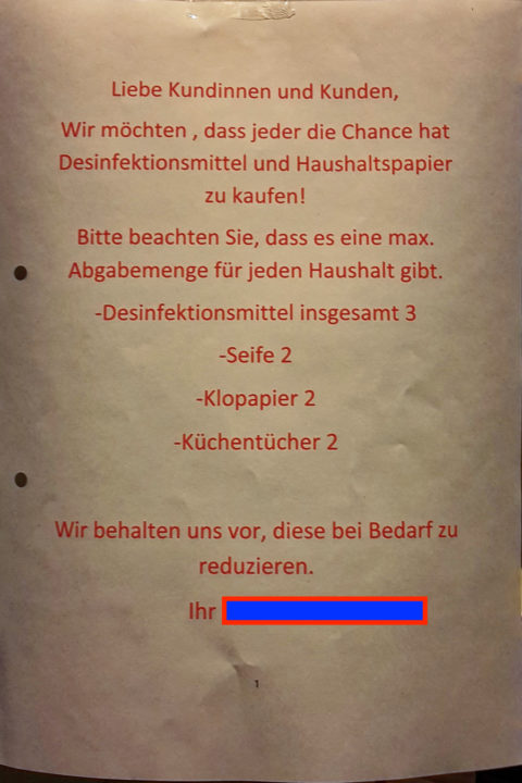 Bild: Wegen des Coronavirus wird Desinfektionsmittel in Münchner Drogeriegeschäften nur noch ratiniert abgegeben - falls es überhaupt verfügbar ist. Aufnahme vom 14.03.2020. Klicken Sie auf das Bild um es zu vergrößern.